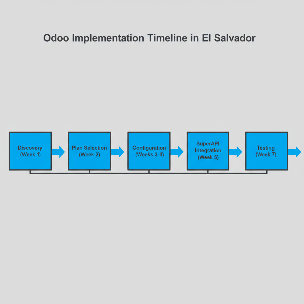 Horizontal process flow depicting the Odoo implementation timeline for Morna Tech clients in El Salvador, showing key stages and typical durations.