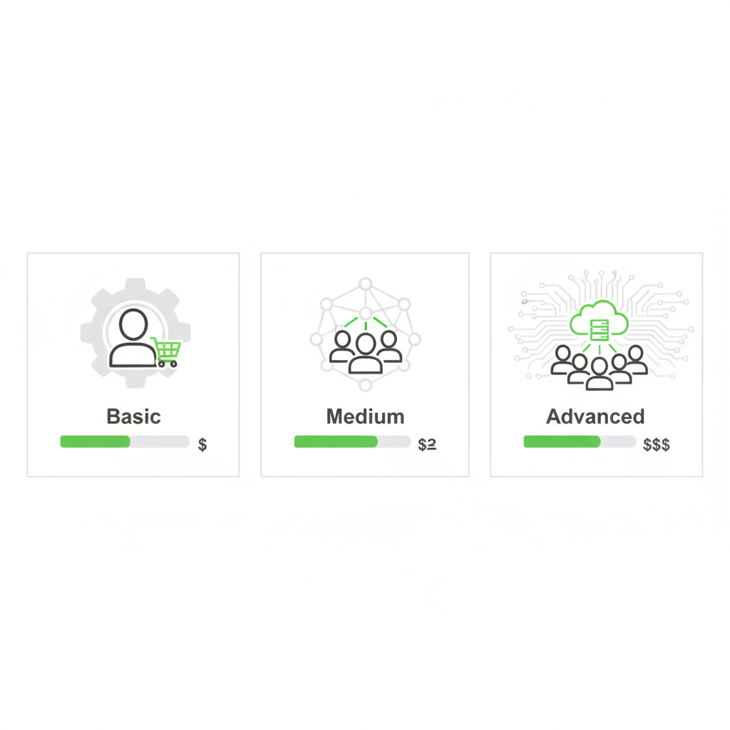 Icon set visualizing three Odoo plans (Basic, Medium, Advanced) with features, client profiles, and cost ranges