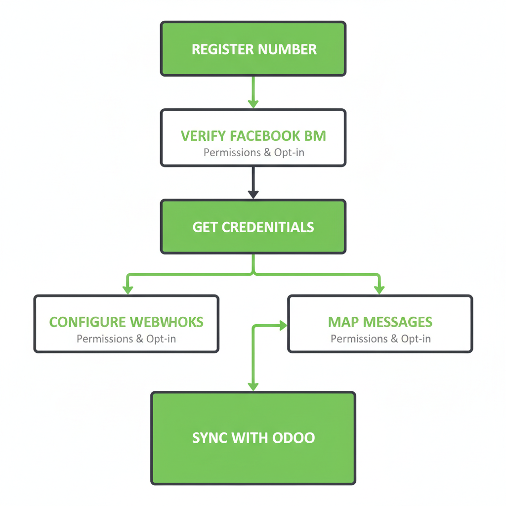 Vertical process flow showing steps to integrate WhatsApp Business API with a CRM, including registration, verification, credential setup, webhooks, message mapping, and Odoo synchronization.