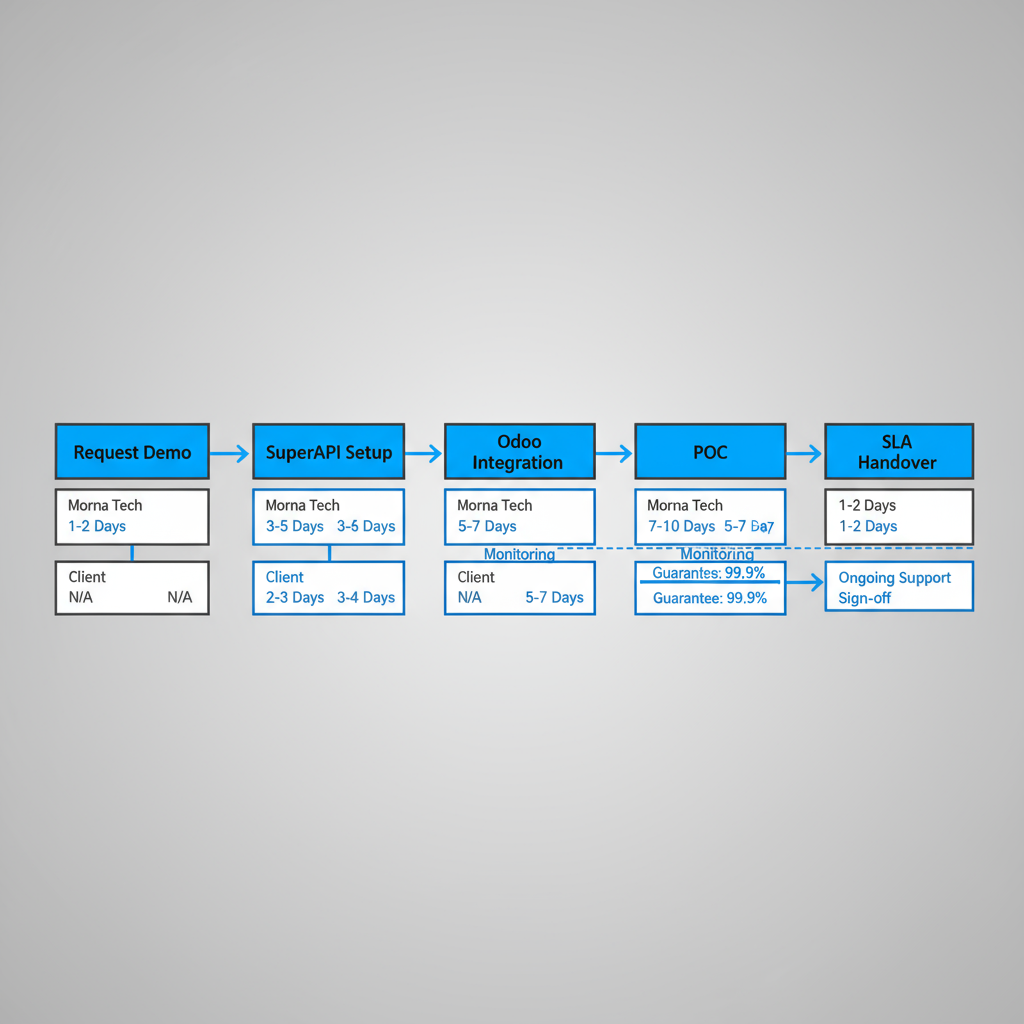 Horizontal process flow depicting Morna Tech's client onboarding from demo request to SLA handover.