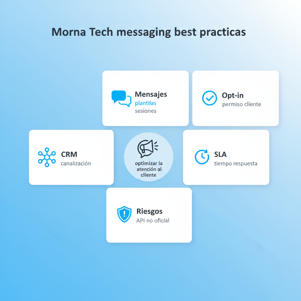 Infografía de mejores prácticas de mensajería para atención al cliente, incluyendo plantillas, opt-in y CRM, con iconografía