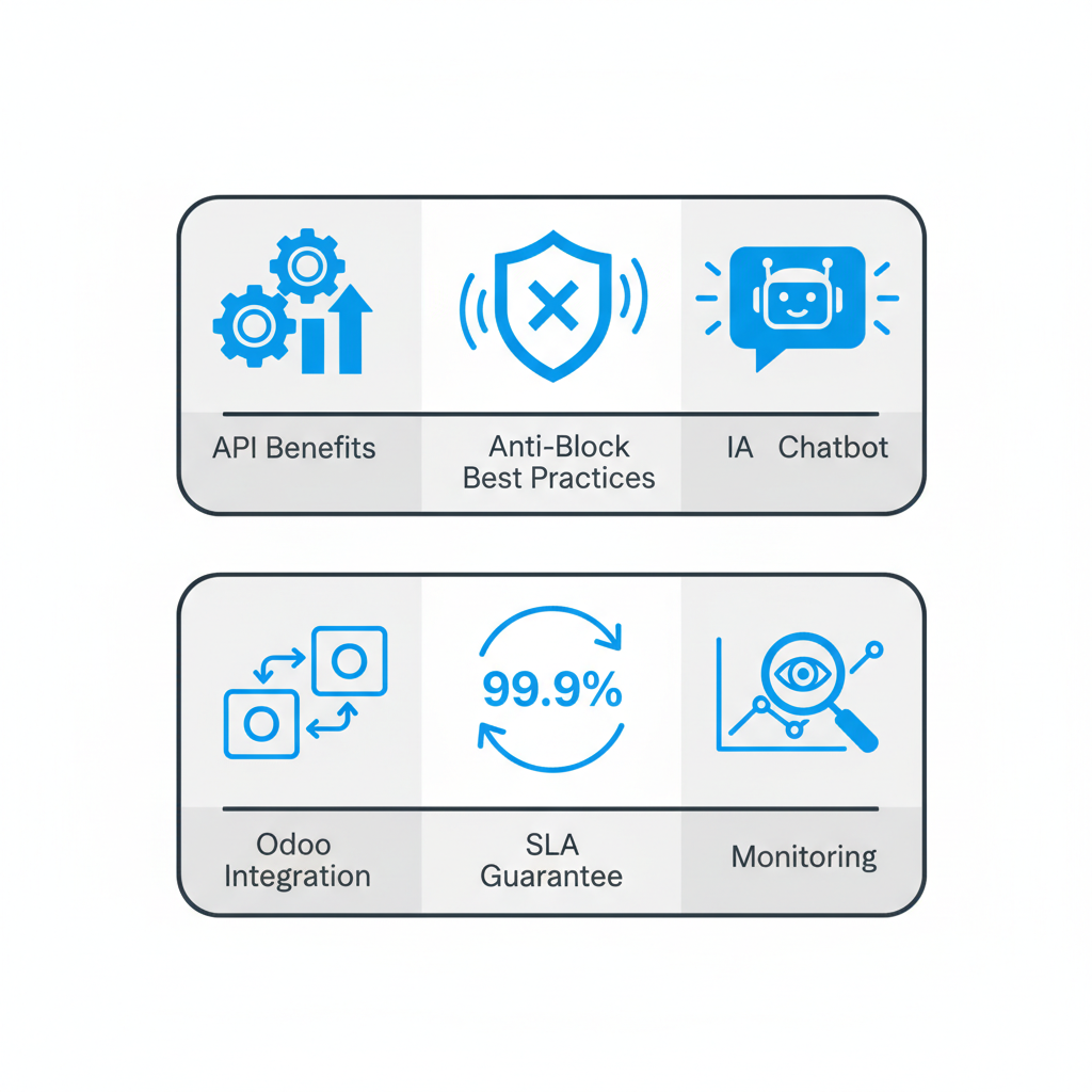 Icon set illustrating key benefits and operational aspects of Morna Tech's solutions for local markets, including API benefits, anti-block practices, AI chatbot, Odoo integration, SLA guarantee, and continuous monitoring.