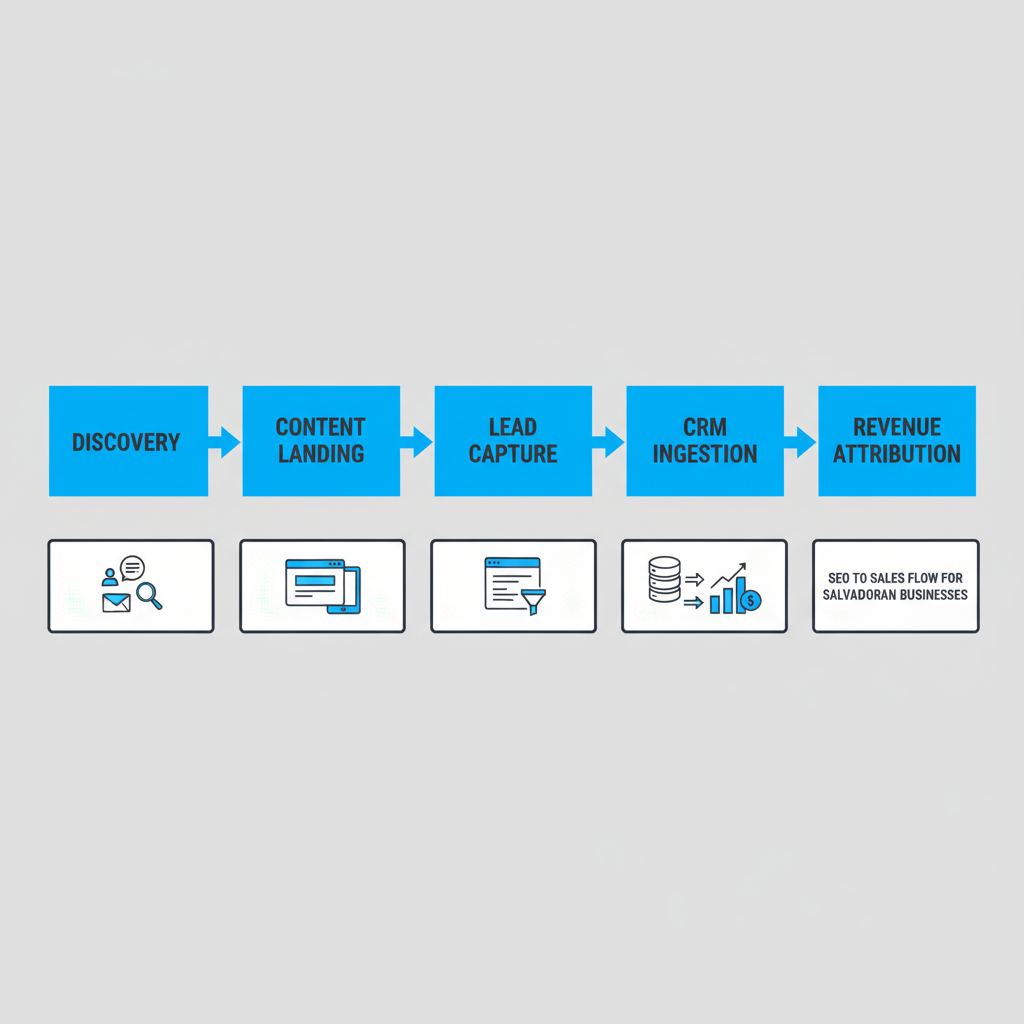 Process flow demonstrating the journey from initial search to revenue for businesses in El Salvador, featuring AI-powered solutions.