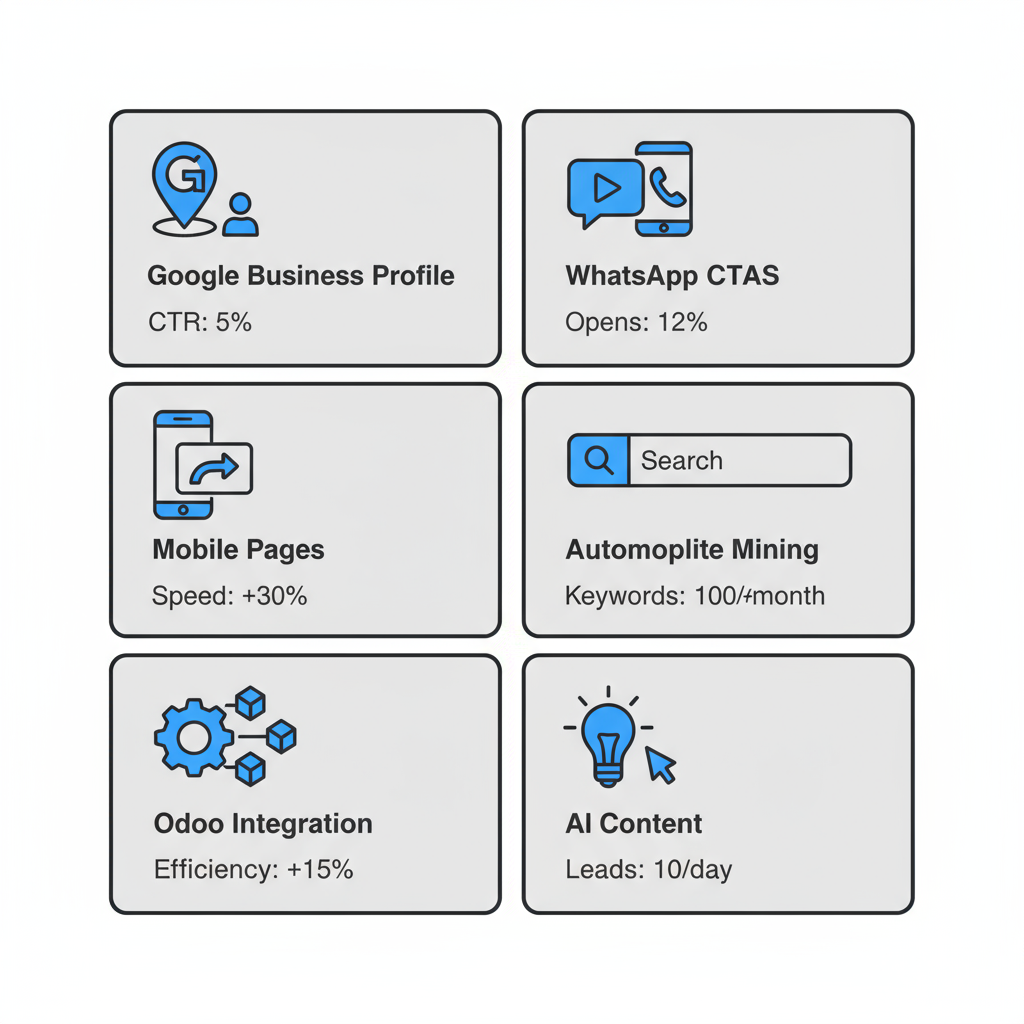 Icon set illustrating six AI-powered SEO and marketing tactics with associated performance metrics.
