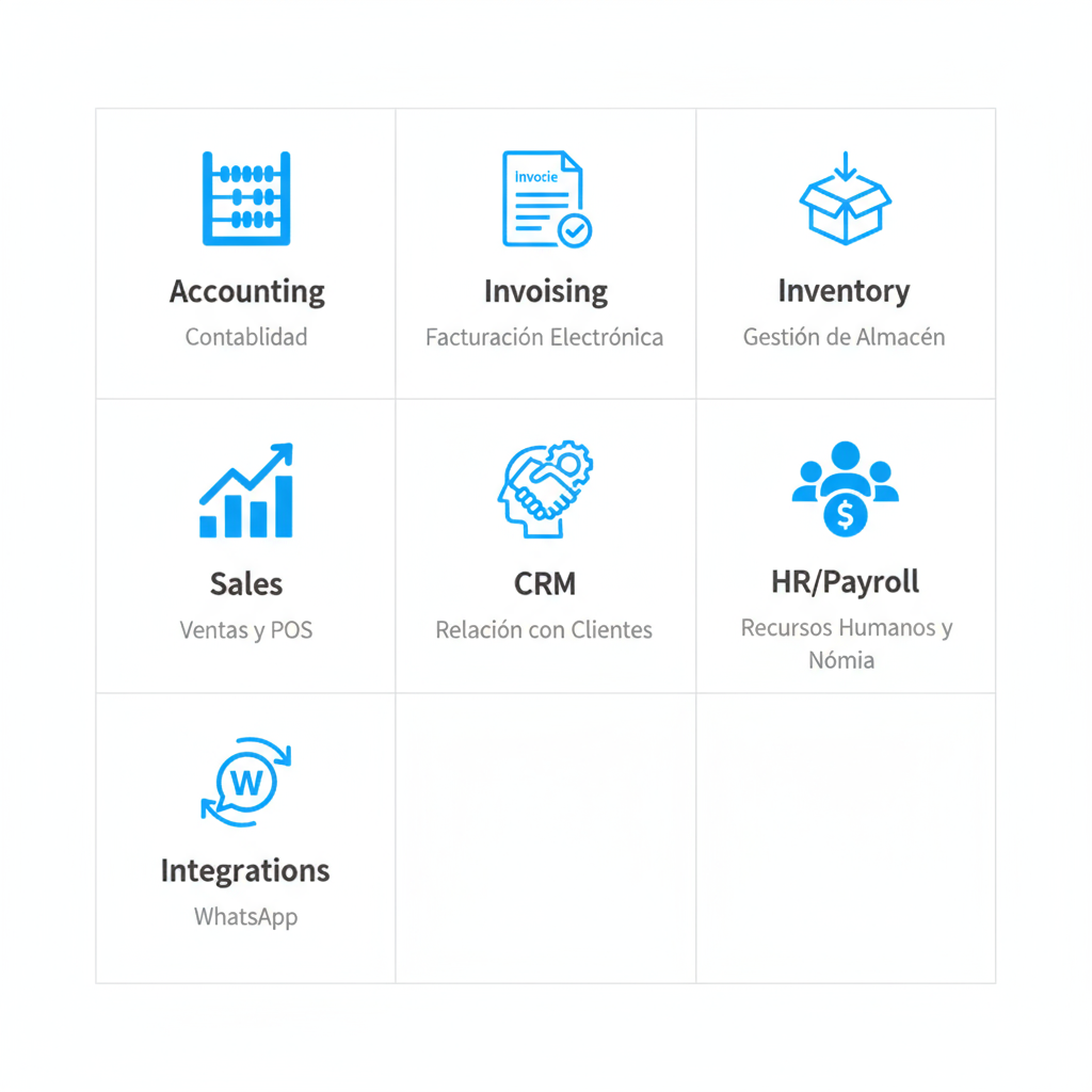Infographic showing key Odoo modules for Colombian businesses with icons for Accounting, Invoicing, Inventory, Sales, CRM, HR/Payroll, and WhatsApp Integrations.