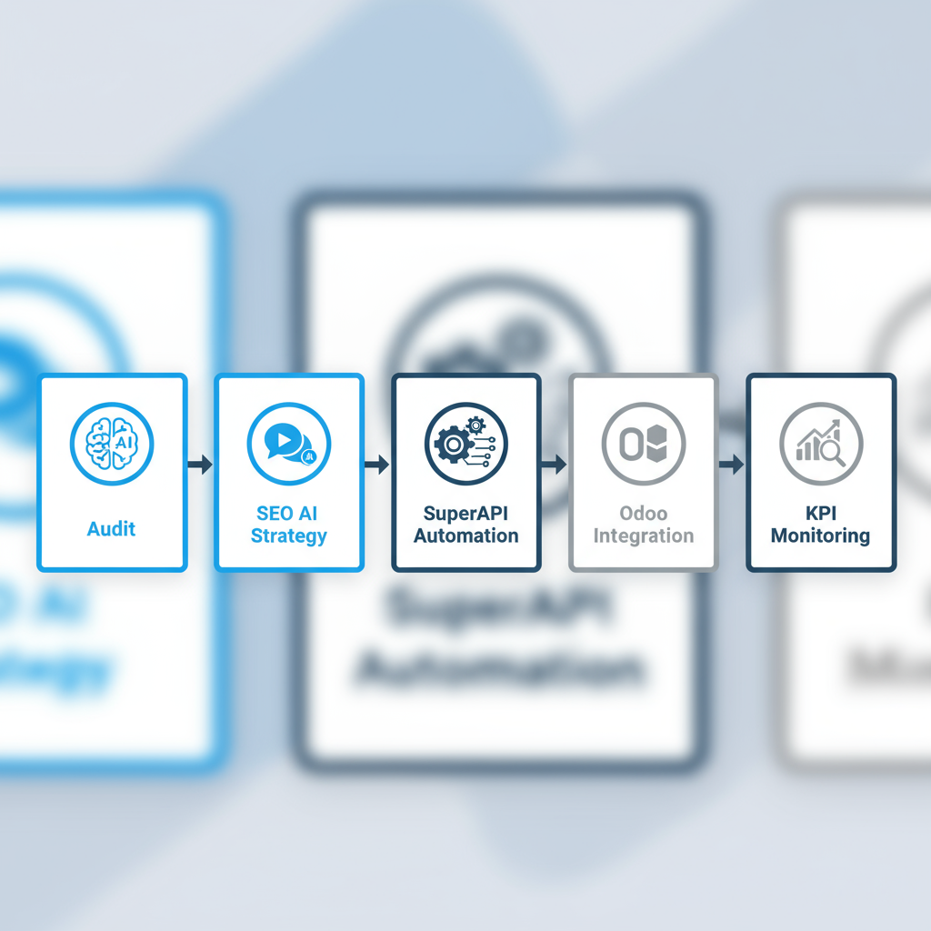 Horizontal process flow depicting Morna Tech's 5-step implementation journey: Audit, SEO AI Strategy, SuperAPI Automation, Odoo Integration, and KPI Monitoring.