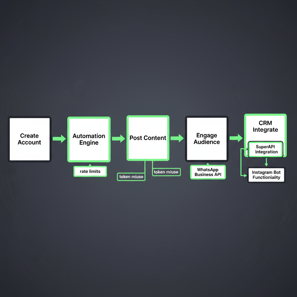 Horizontal process flow depicting Instagram bot operations including account setup, automation engine, content posting, engagement, and CRM integration, highlighting WhatsApp Business API.