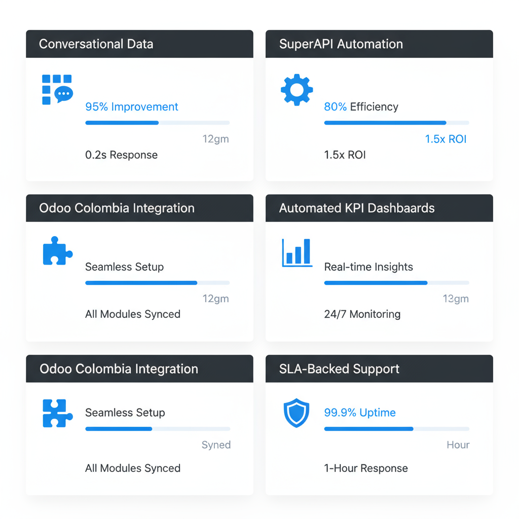Infographic showing 5 key differentiators of Morna Tech's solutions, each represented by an icon grid and metric card illustrating timelines, ROI signals, and progress bars for improvements and SLA response times.