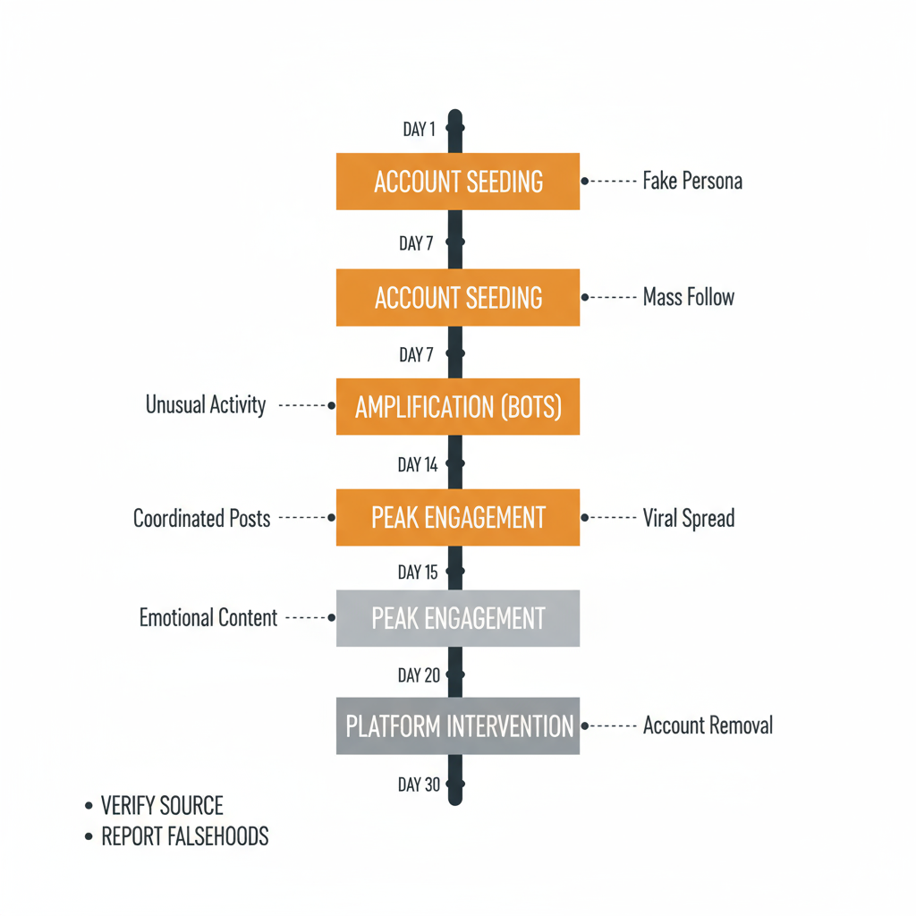 Vertical timeline illustrating the lifecycle of an Instagram disinformation campaign from planning to platform intervention, with spaces for detection tips.