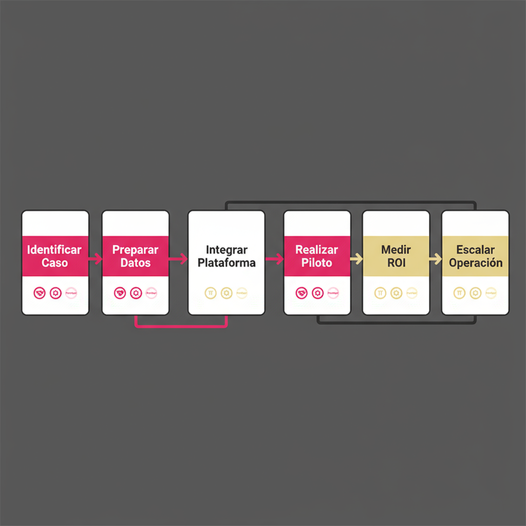6-step horizontal process flow showing AI implementation for businesses from identifying use case to scaling operations