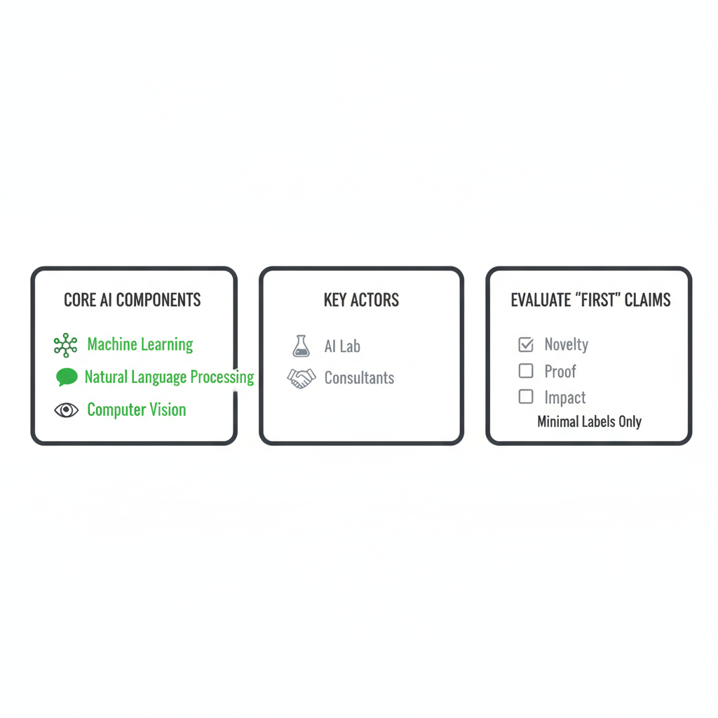 Infographic summarizing core AI components, key local actors, and a checklist for evaluating 'first' claims in AI technology