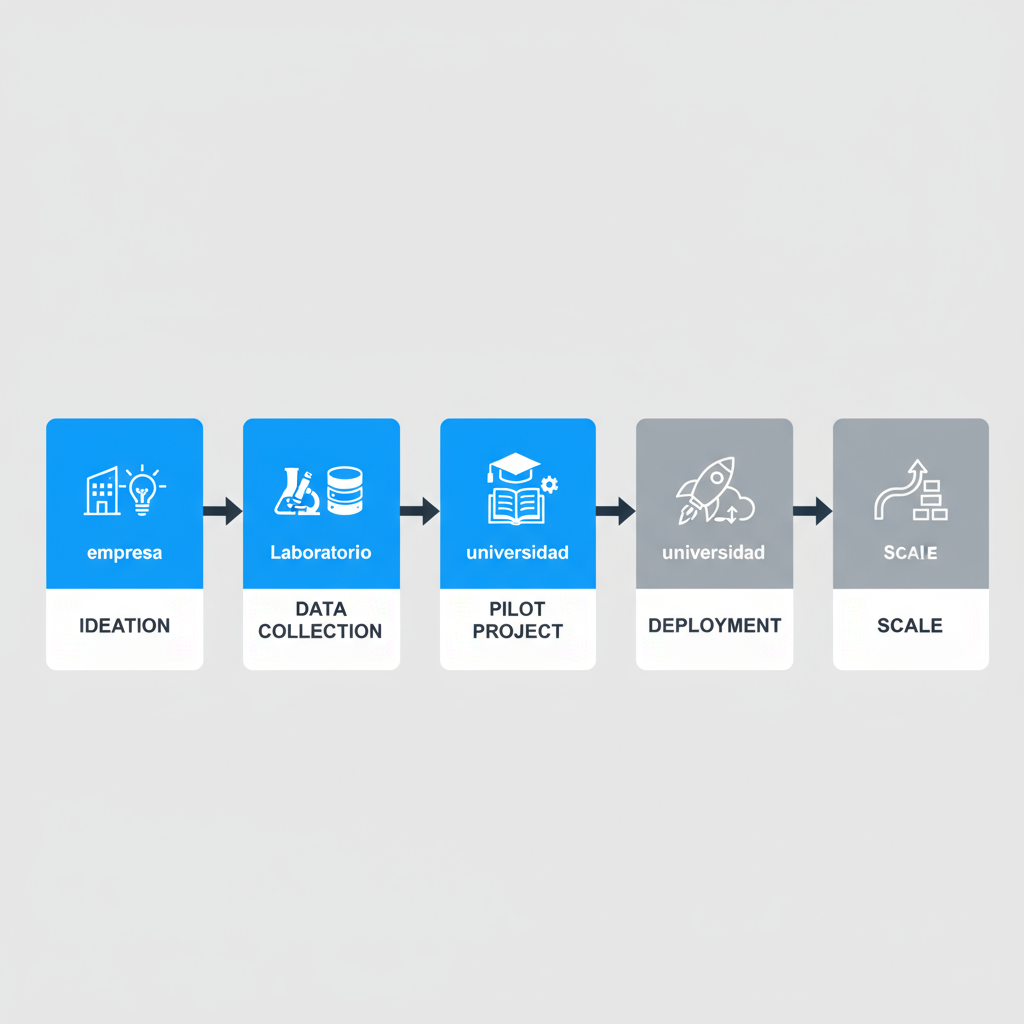 Horizontal process flow depicting the five stages of an AI project from ideation to scale within an enterprise, including specific icons for stakeholders.