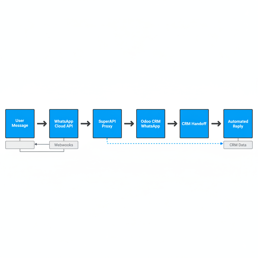 Diagram illustrating the message flow and integration points of Morna Tech's SuperAPI with WhatsApp and Odoo CRM, from user message to automated reply.