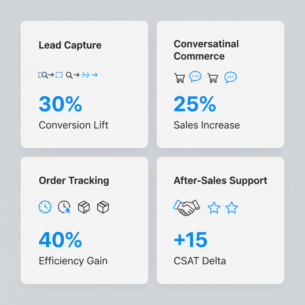 Infographic showing key WhatsApp AI use cases like lead capture and conversational commerce, with associated business benefits and metrics for Guyana and Latin America.