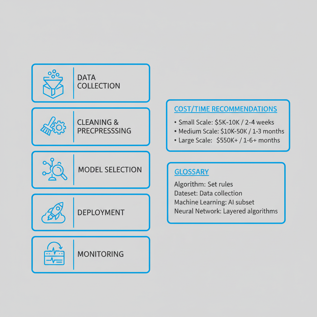 Infographic showing the vertical process flow of AI implementation for Venezuelan businesses, from data collection to monitoring, with cost recommendations and a glossary.