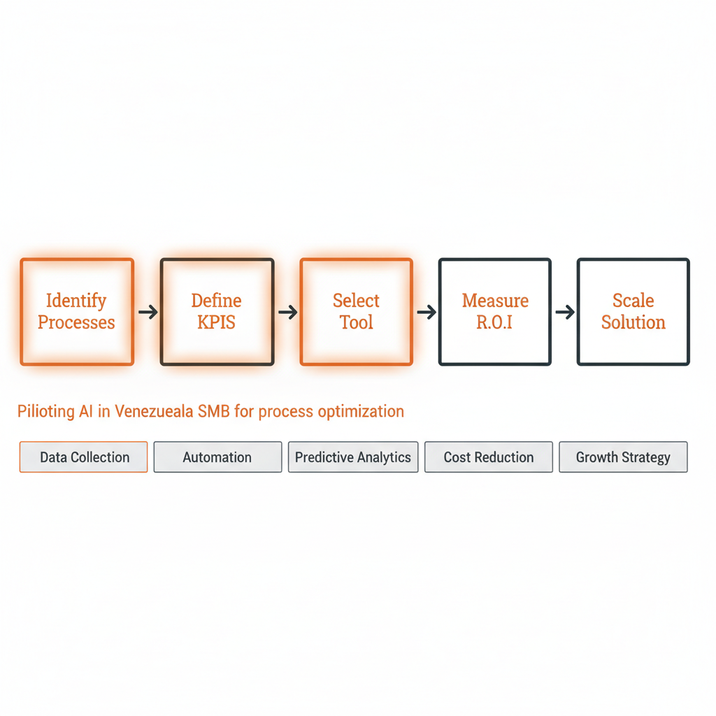 Diagrama de flujo horizontal que muestra los pasos para implementar un piloto de inteligencia artificial en una pequeña o mediana empresa en Venezuela.