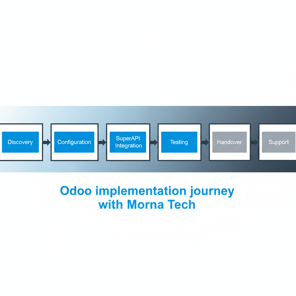 A horizontal process flow showing the six stages of Odoo implementation with Morna Tech, from initial discovery to ongoing support.