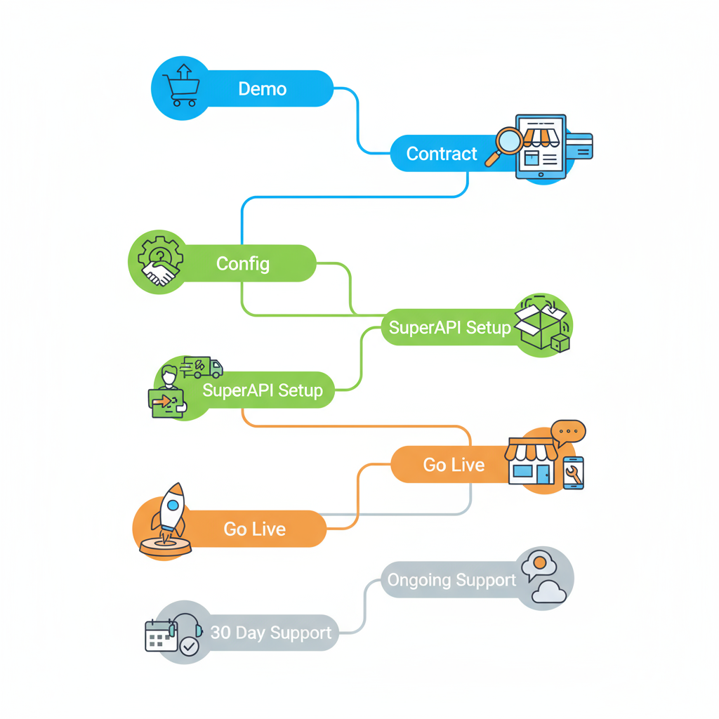 Vertical timeline illustrating the SuperAPI and Odoo CRM WhatsApp integration rollout process, from demo to ongoing support.