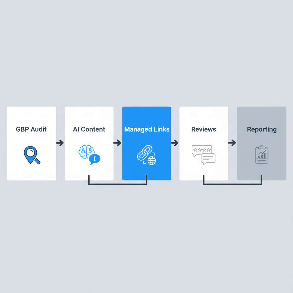 Horizontal process flow depicting SEOLocal Miami's local SEO workflow, showing Google Business Profile audit, AI content generation, managed link building, review management, and reporting.
