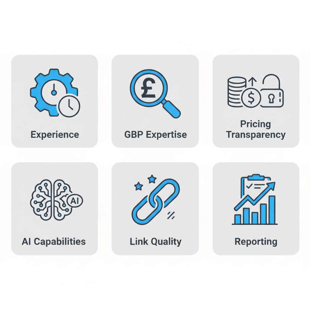 Icon set displaying six key criteria for choosing an SEO agency: experience, Google Business Profile expertise, pricing transparency, AI capabilities, link quality, and reporting.