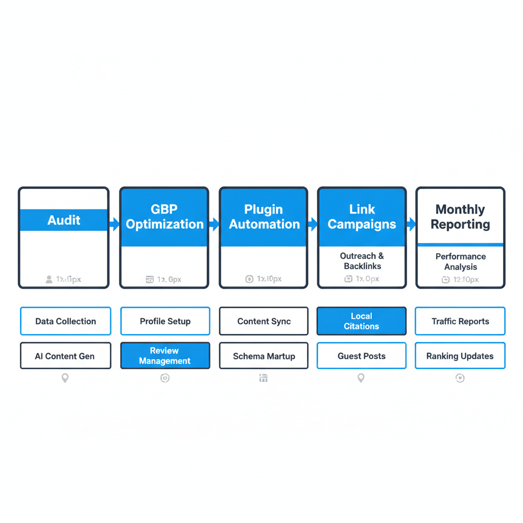 A horizontal process flow detailing SEOLocal Miami's AI-driven local SEO delivery, from audit to monthly reporting.