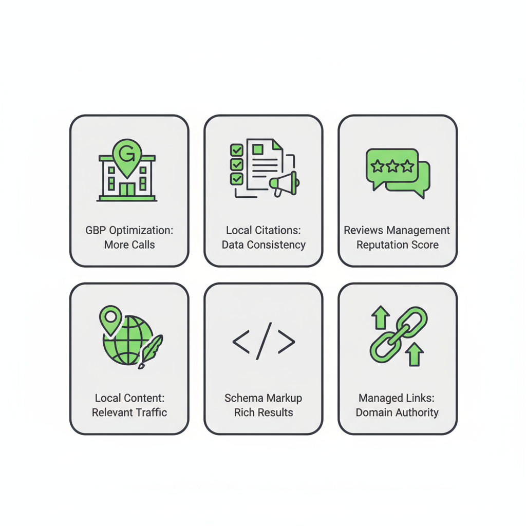 Six icons representing local SEO best practices: GBP Optimization, Local Citations, Reviews Management, Local Content, Schema Markup, and Managed Links, each with a metric.