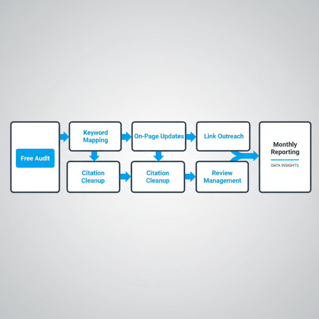 Seven-step horizontal process flow detailing the local SEO onboarding and execution process for businesses in Miami, covering audit, keyword research, on-page optimization, citations, link building, reputation management, and reporting.