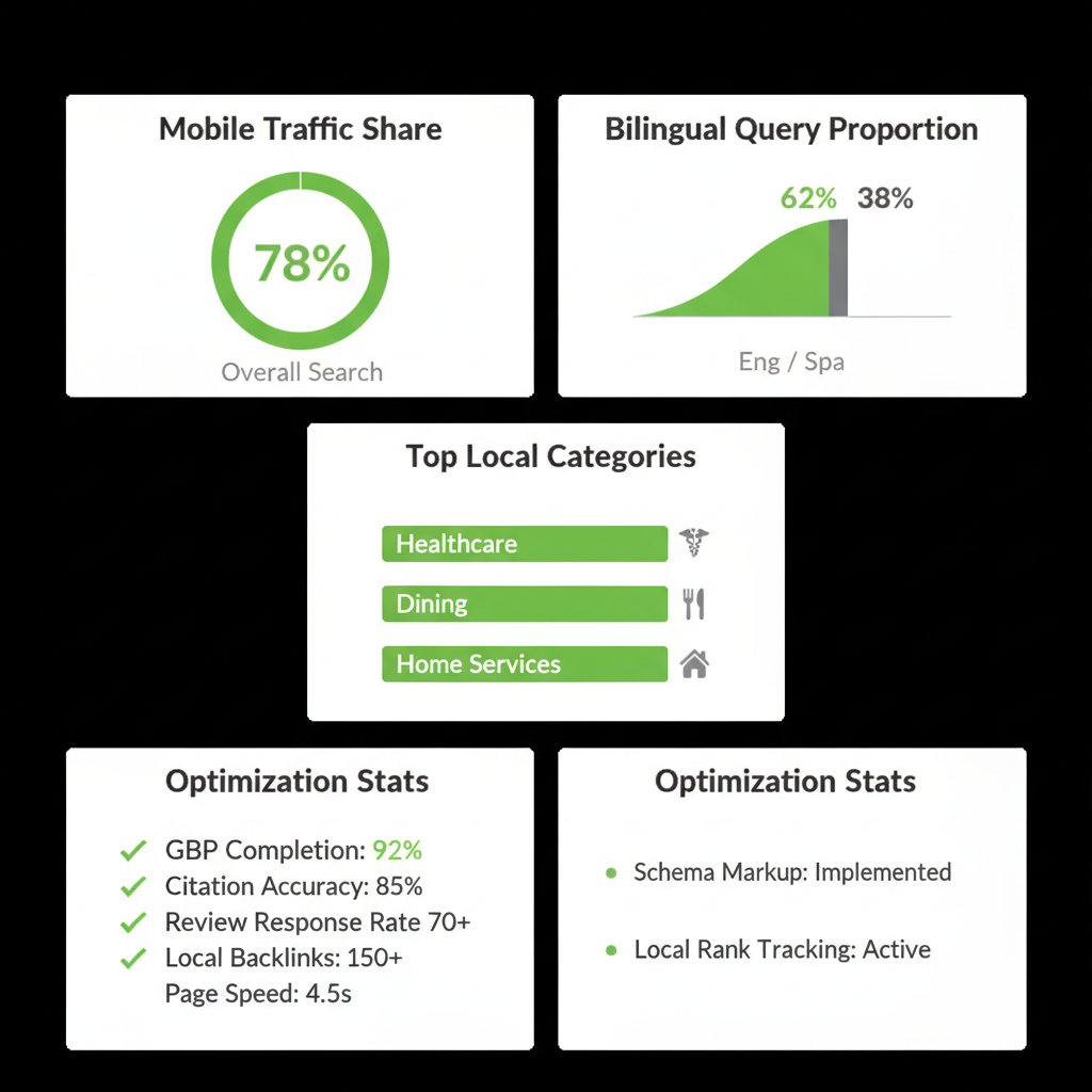 Infographic summarizing key local search statistics for the Miami market, including mobile traffic, bilingual queries, and optimization stats.
