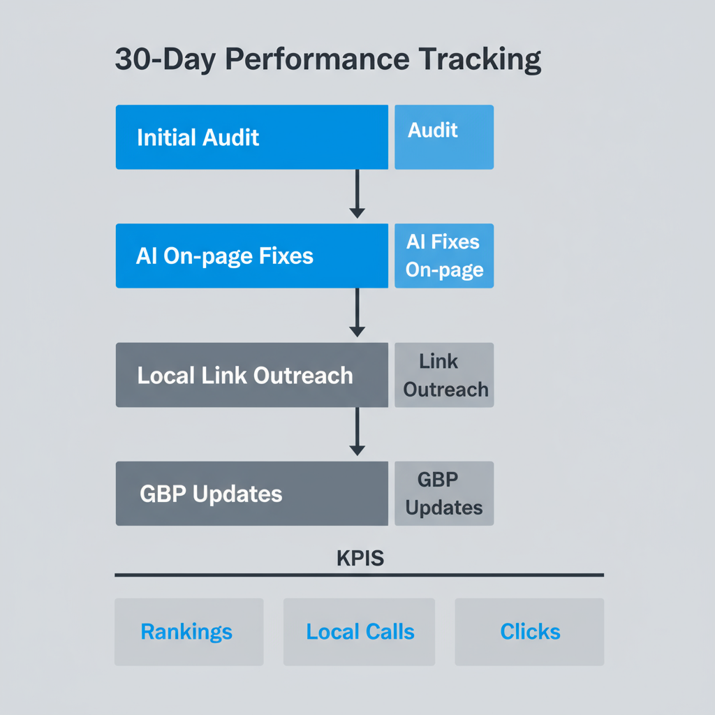 Vertical process flow illustrating 30-day performance tracking for local SEO, showing stages like audit, AI fixes, link outreach, and Google Business Profile updates, and key performance indicators.