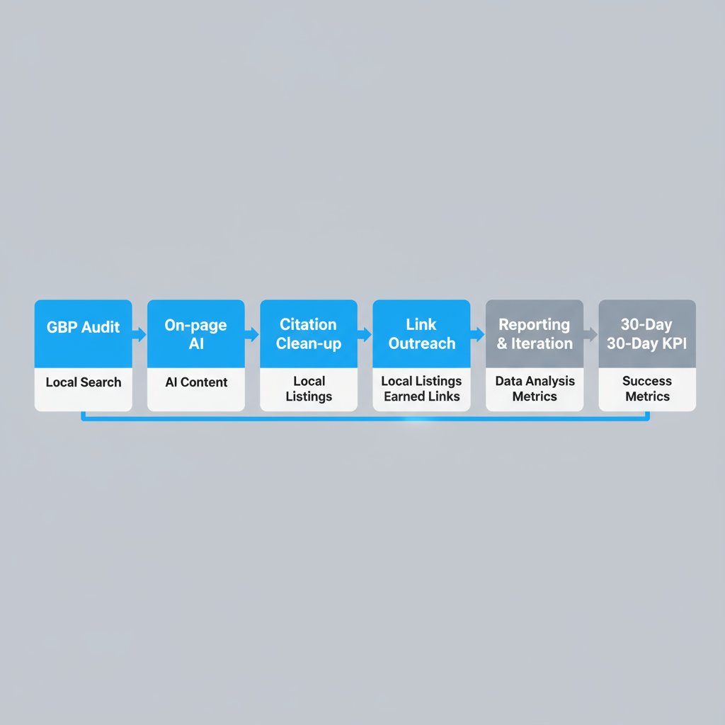 A horizontal process flow showing 6 steps for improving local search results, starting with GBP audit and ending with a 30-day KPI check.