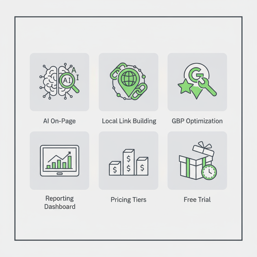 Icon set illustrating SEOLocal Miami's core services: AI On-Page, Local Link Building, Google Business Profile Optimization, Reporting Dashboard, Pricing Tiers, and Free Trial.