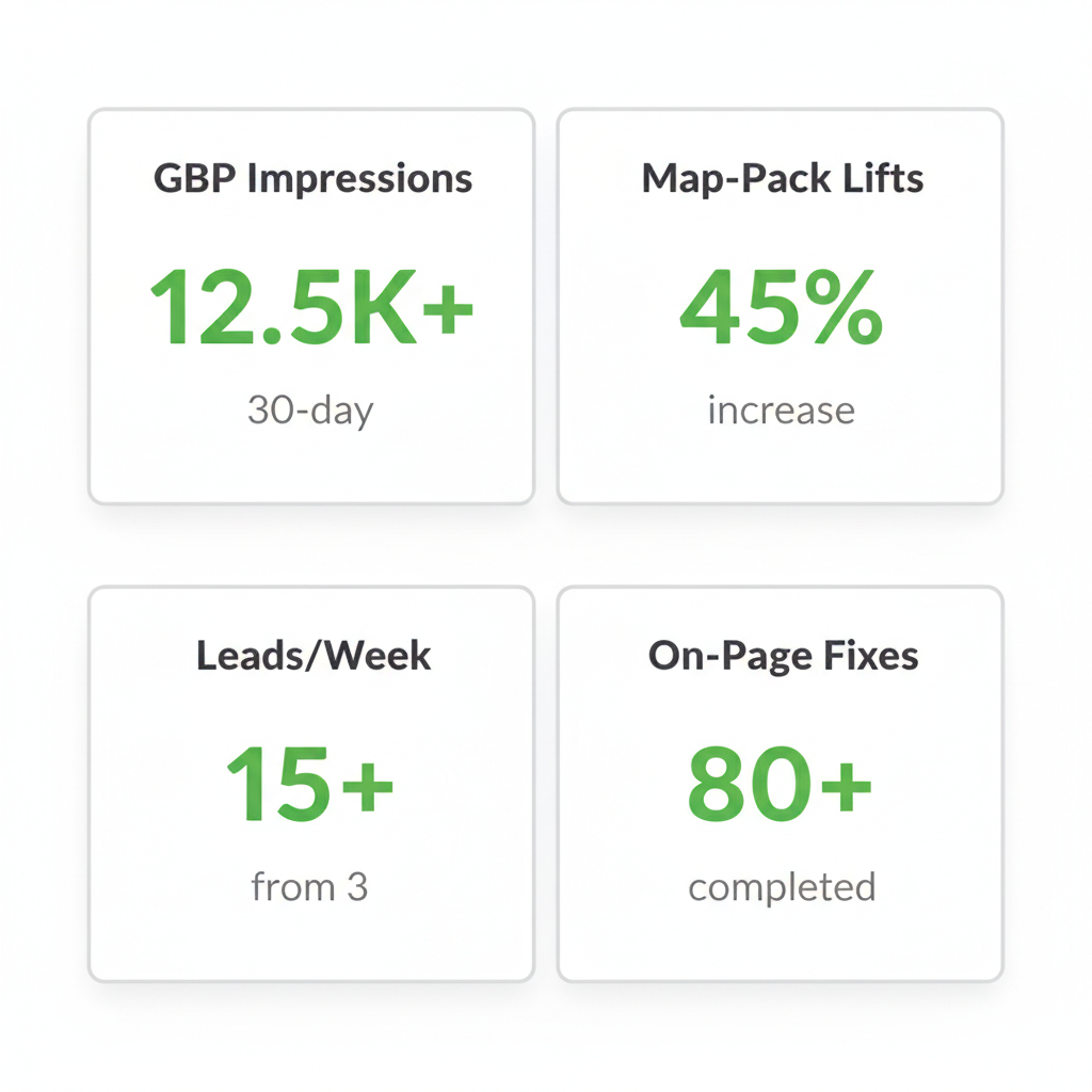 Infographic showing key local SEO metrics achieved within 30 days: Google Business Profile impressions, map-pack ranking lifts, leads per week, and on-page fix counts.