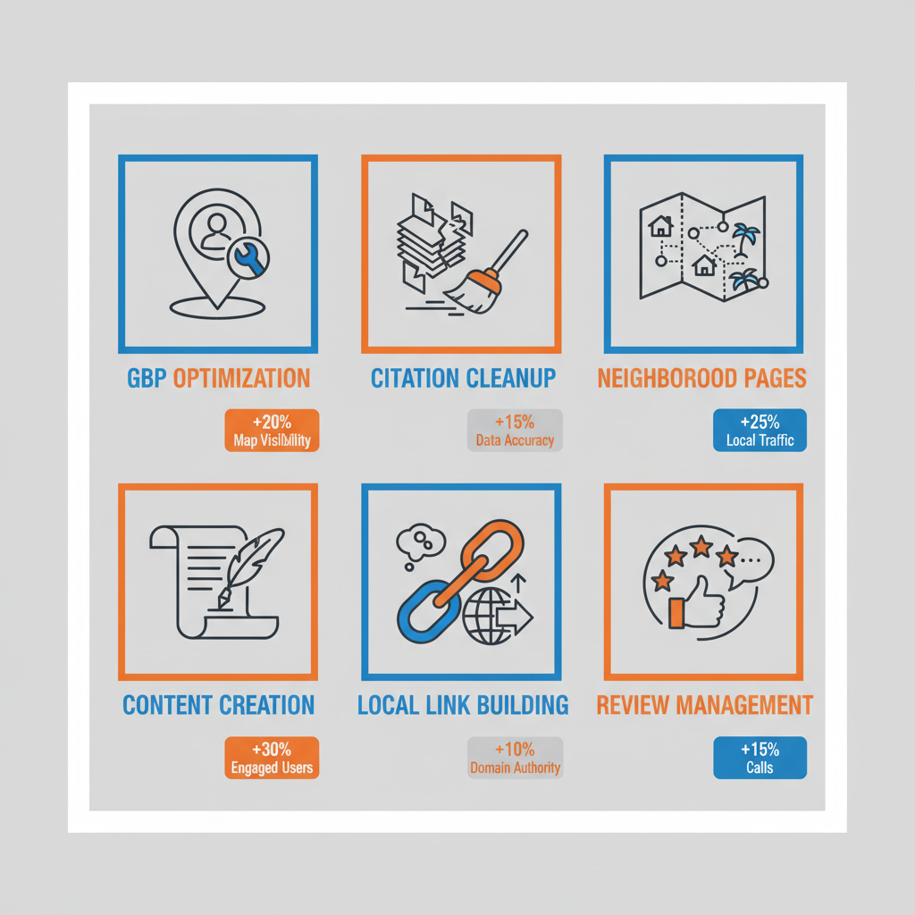 A square icon set showing six local SEO services: Google Business Profile optimization, citation cleanup, neighborhood pages, content creation, local link building, and review management, each with a small data card illustrating KPI improvements.