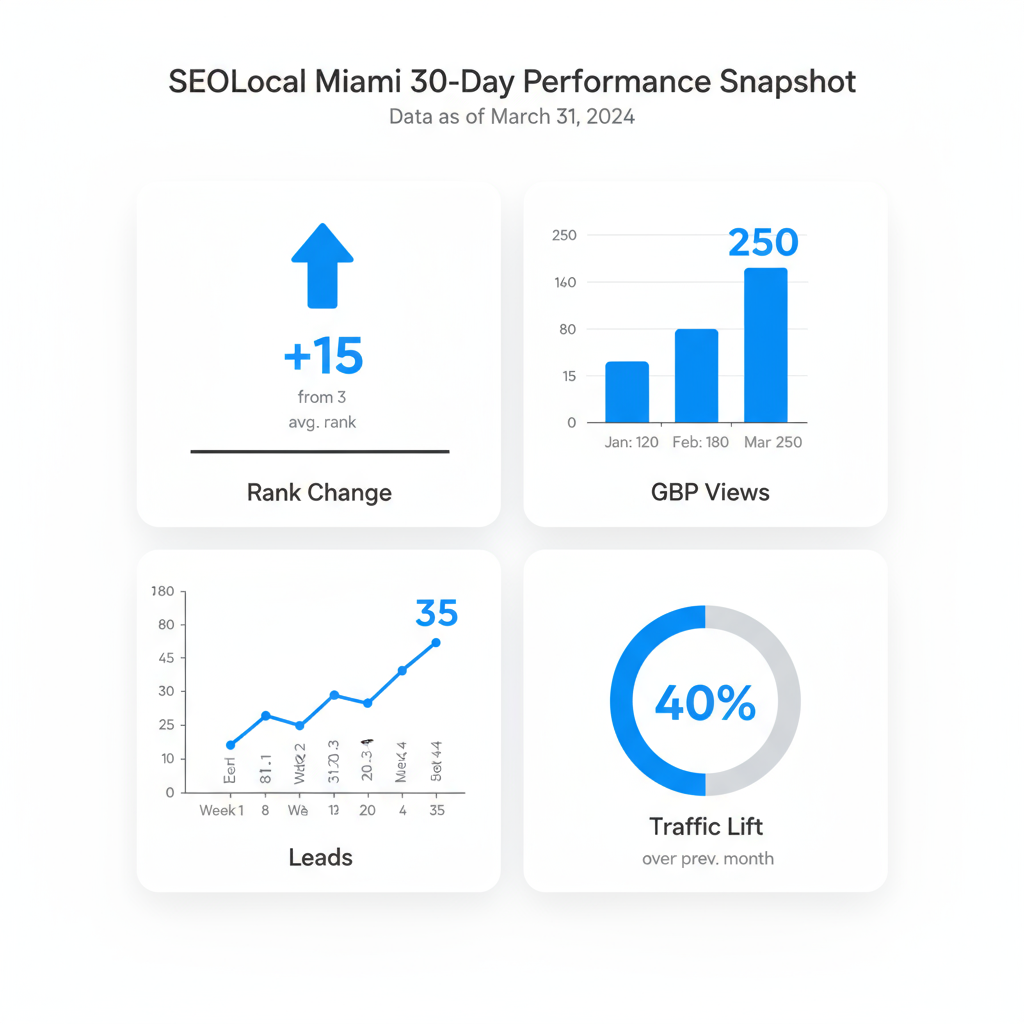 Infographic showing a 30-day performance snapshot for SEO improvements, detailing rank change, Google Business Profile views, leads, and traffic lift.