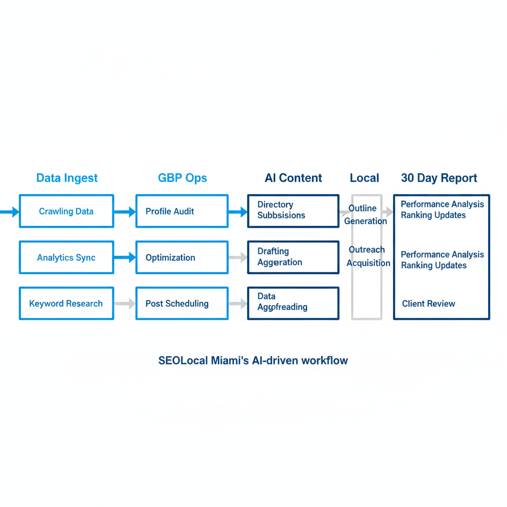 Vertical process flow showing SEOLocal Miami's AI-driven local SEO workflow from data ingest to 30-day reporting.