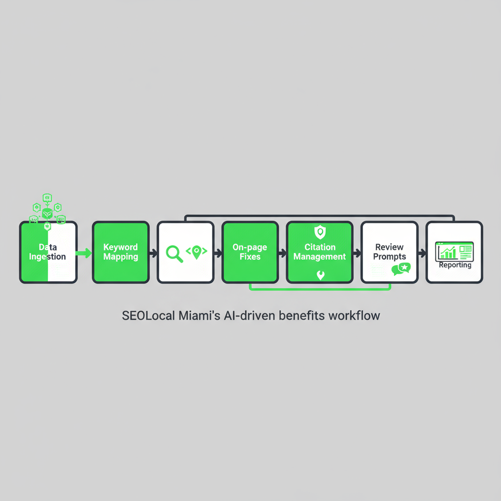 Horizontal process flow depicting SEOLocal Miami's AI automation workflow for local SEO, showing stages like data ingestion, keyword mapping, and automated reporting.