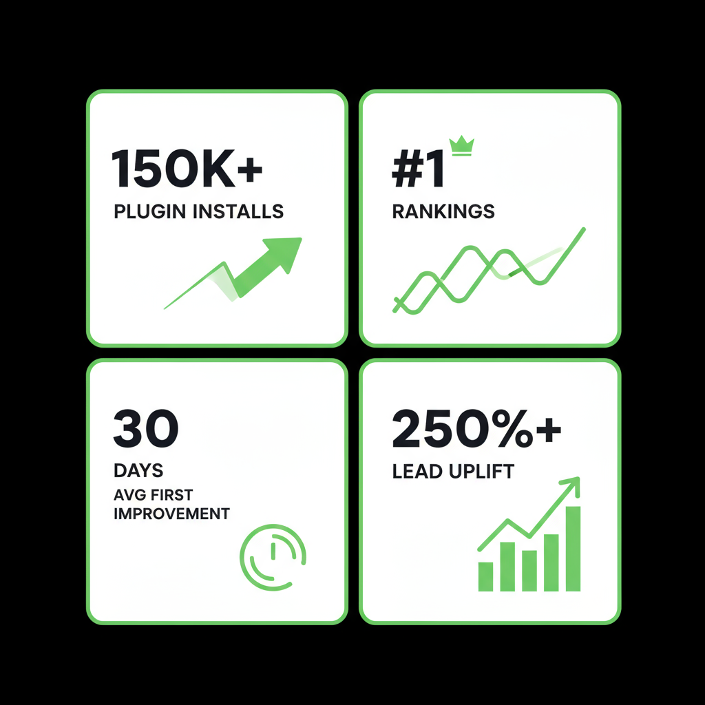 Infographic showing key performance metrics for SEOLocal, including plugin installs, number one rankings, days to first improvement, and lead uplift percentage.