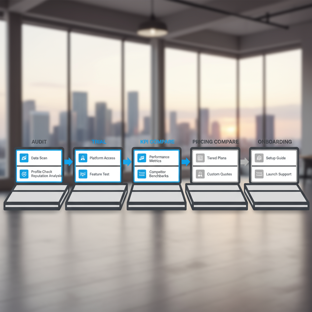 Horizontal process flow depicting the 5-step evaluation choice between SEOLocal Miami and traditional agencies, highlighting trial and reporting.