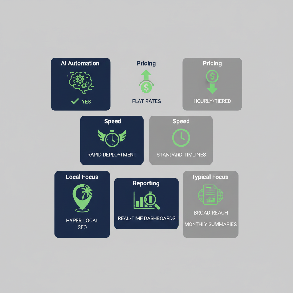 Infographic comparing SEOLocal Miami's AI automation, pricing, speed, reporting, and local focus against other Miami agencies.