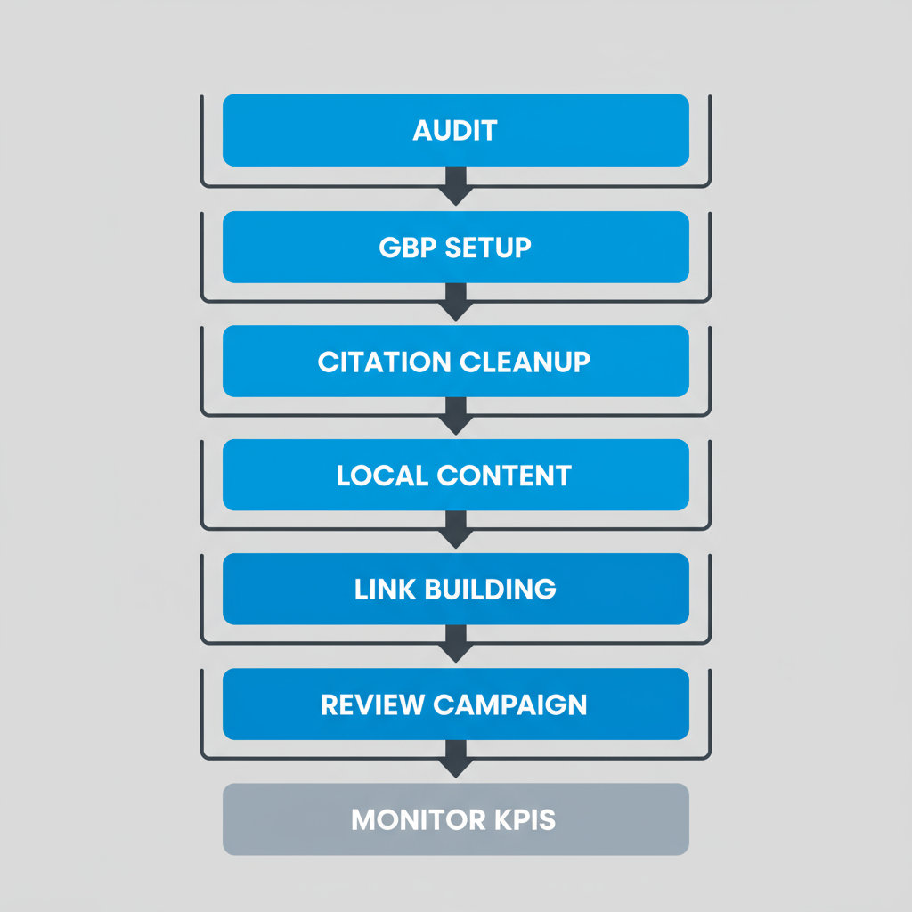 A vertical process flow diagram illustrating the seven stages of local SEO implementation, including audit, Google Business Profile setup, citation cleanup, local content, link building, review campaign, and KPI monitoring.