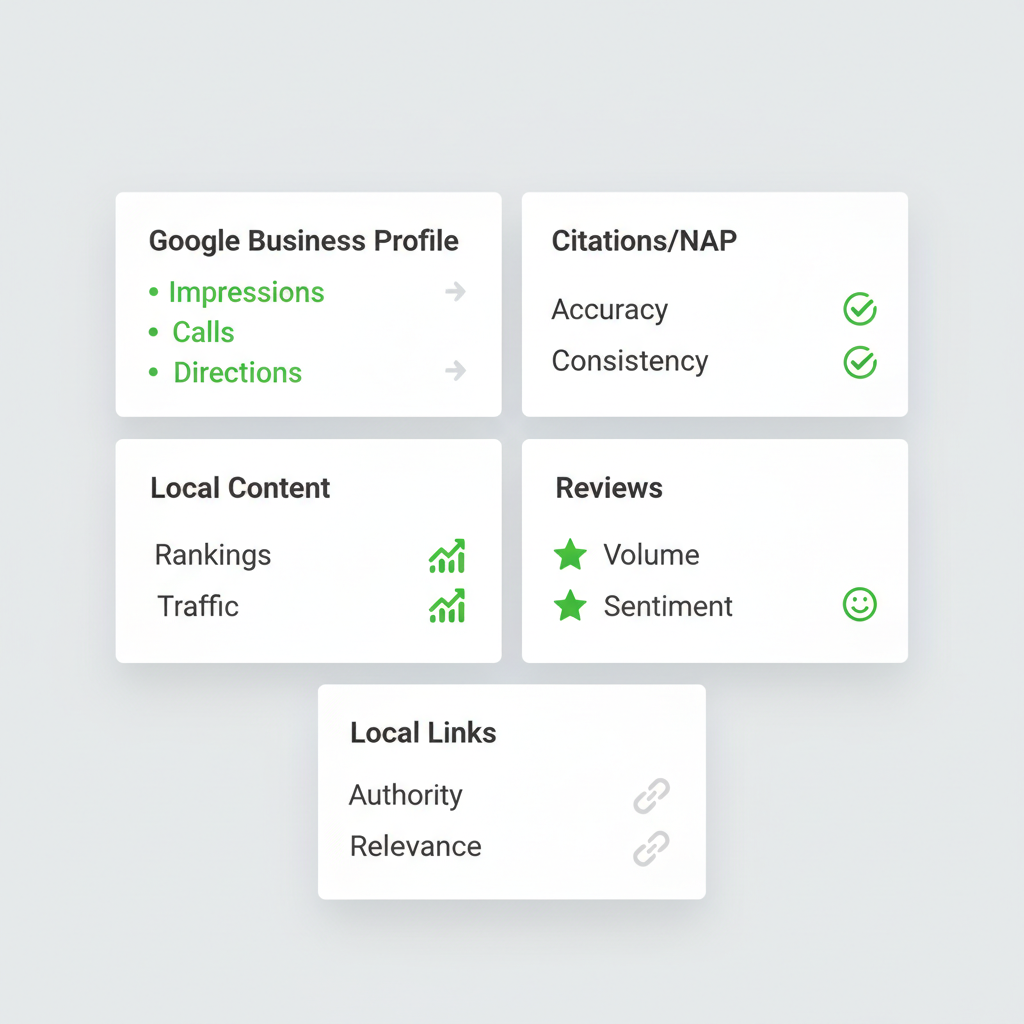 Infographic illustrating the five core components of local SEO: Google Business Profile, Citations/NAP, Local Content, Reviews, and Local Links, with their respective measurable KPIs for small businesses.