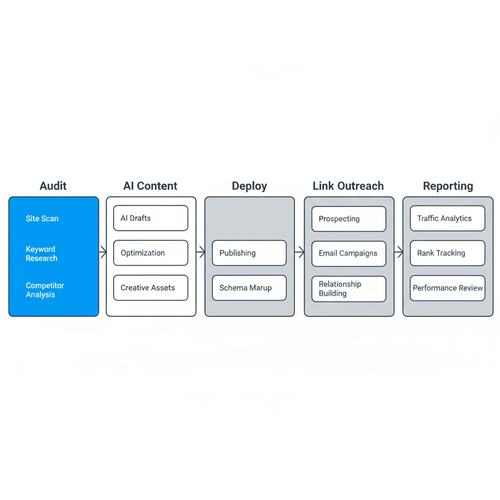 Process flow demonstrating SEOLocal Miami's AI-first local SEO workflow.