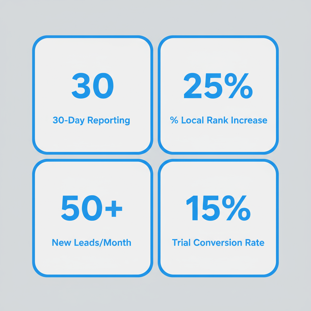 Infographic showing key performance indicators for SEOLocal Miami services with metrics like 30-day reporting and local rank increase.