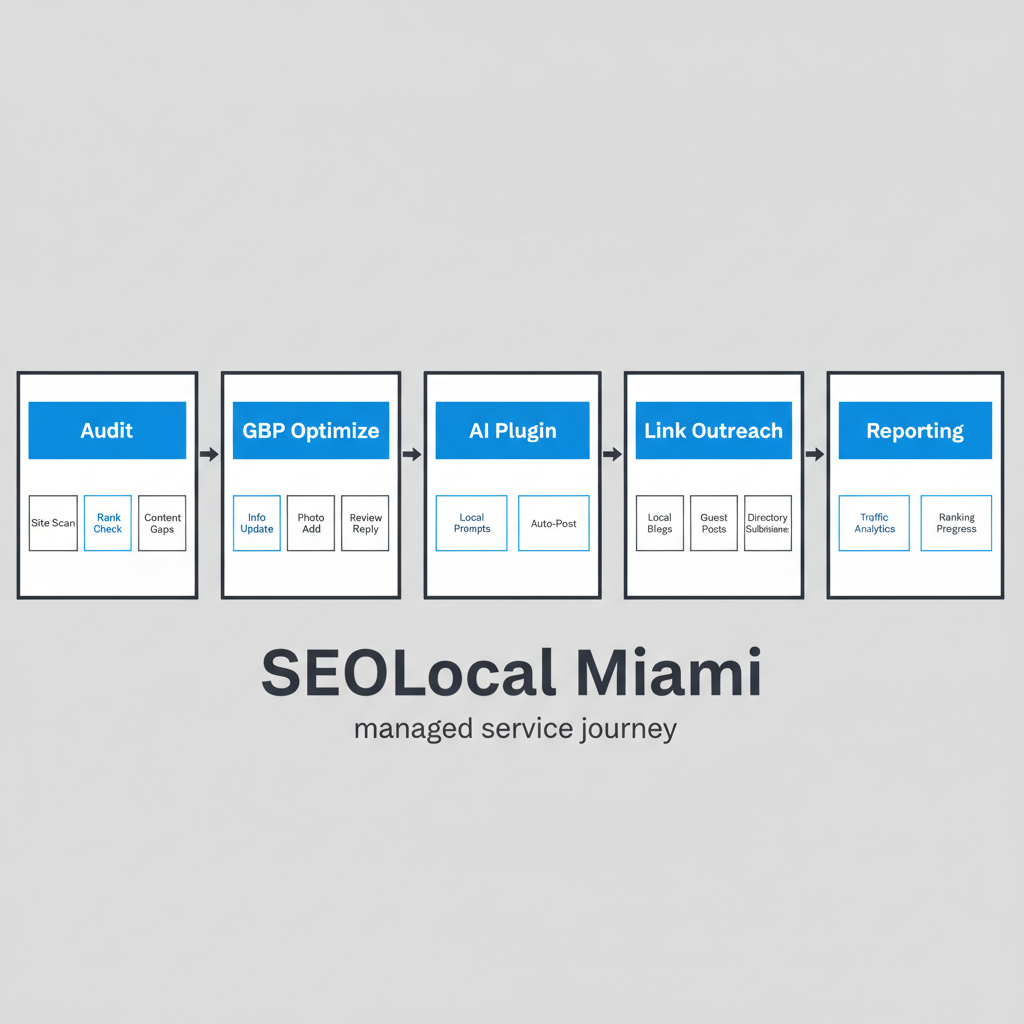 A horizontal process flow showing the 5 steps of SEOLocal Miami's onboarding: Audit, GBP Optimize, AI Plugin, Link Outreach, Reporting.