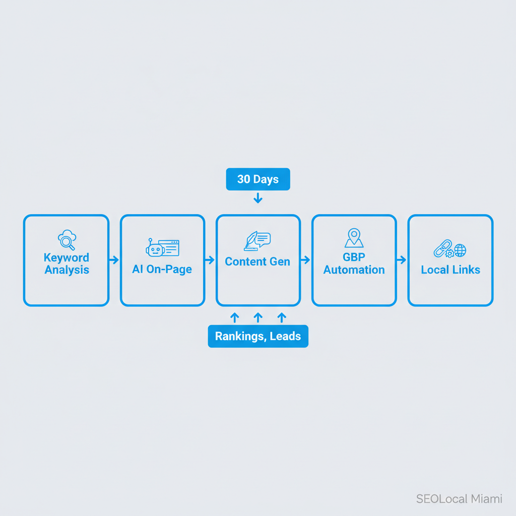 A horizontal process flow illustration detailing the AI-first local SEO workflow, showing stages like keyword analysis, AI on-page optimization, content generation, GBP automation, and local link distribution, with callouts for 30-day results and outputs like rankings and leads.