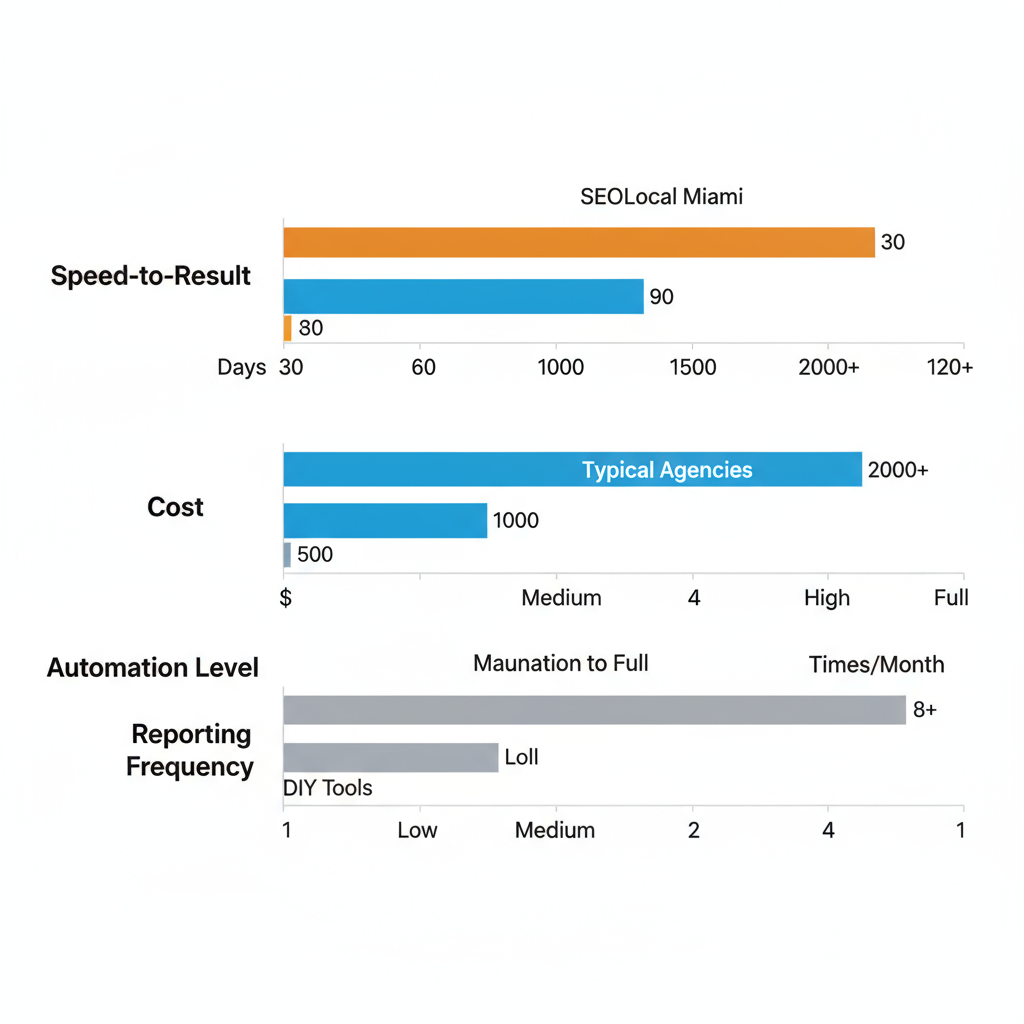 Landscape bar chart comparing SEOLocal Miami's speed-to-result, cost, automation level, and reporting frequency against typical Miami agencies and DIY tools.