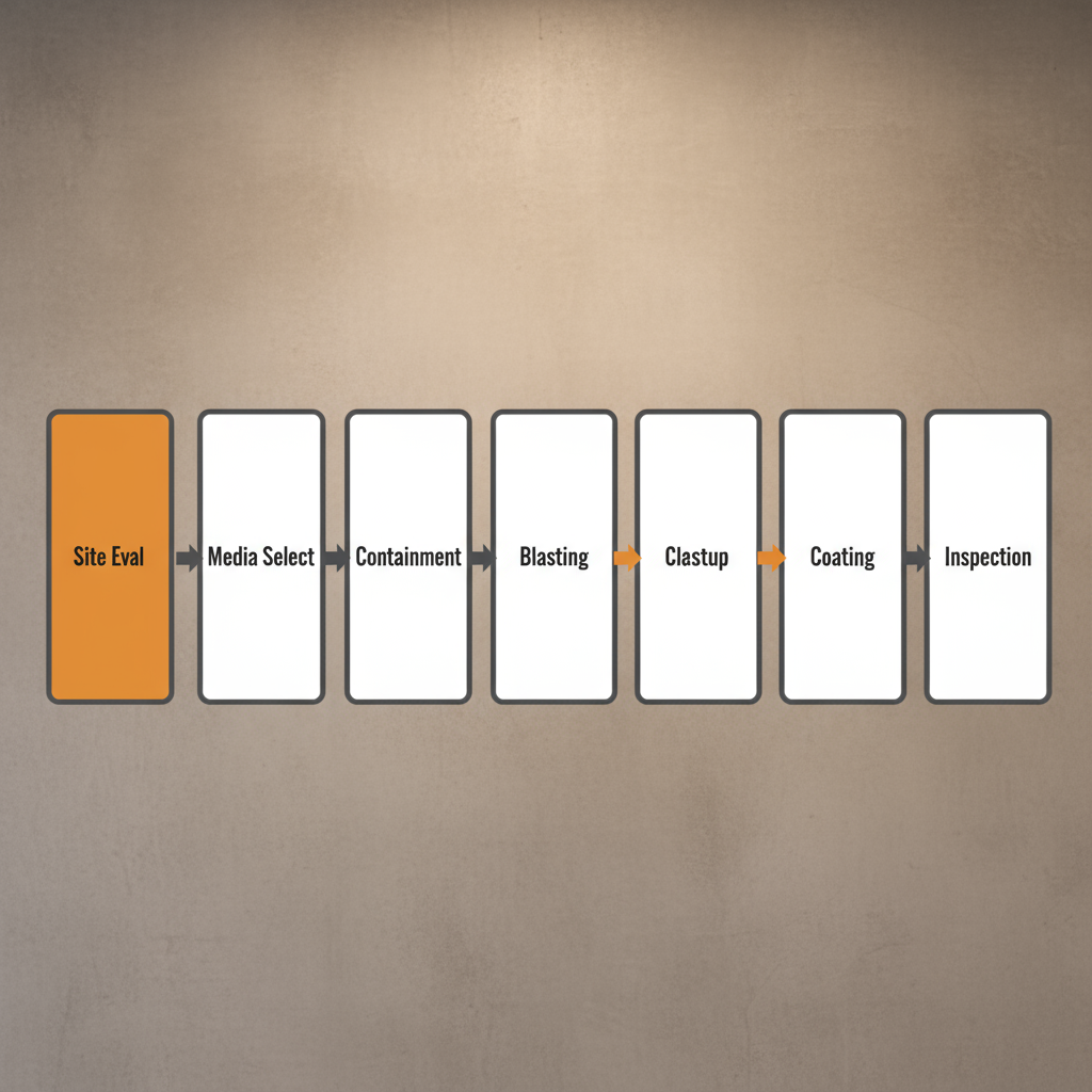 Southern Sandblasting and Painting typical project workflow, showing stages from site evaluation to final inspection.
