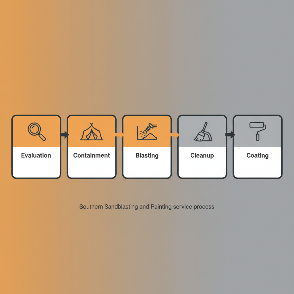 Horizontal process flow depicting the five stages of Southern Sandblasting and Painting's service: site evaluation, containment setup, abrasive blasting, cleanup, and coating application.