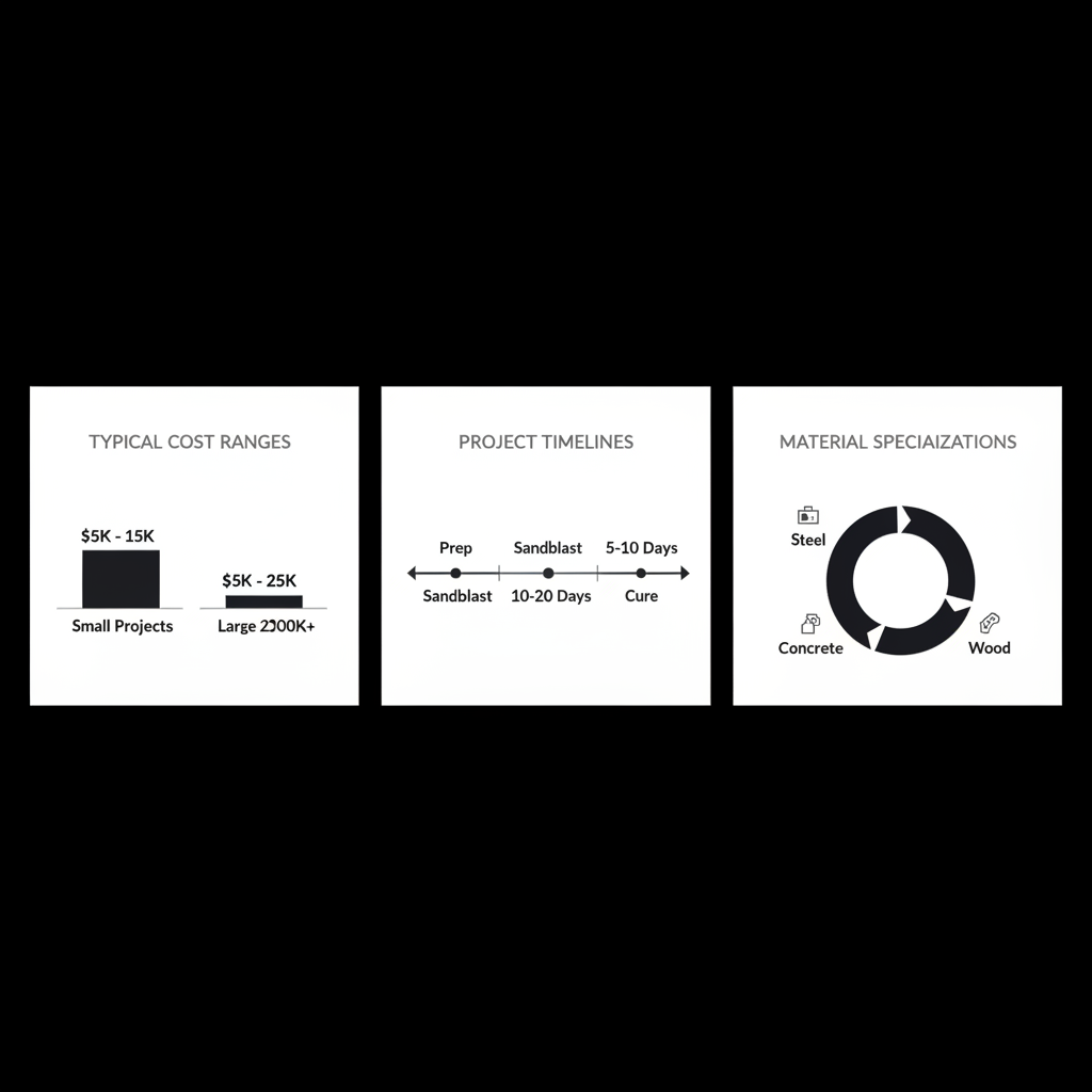 Infographic showing cost ranges, timelines, and material specializations for sandblasting and painting projects in Maitland, FL.