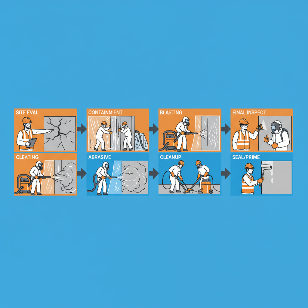 Illustrated horizontal process flow showing the steps of sandblasting concrete: site evaluation, containment setup, blasting, cleanup, sealing/priming, and final inspection, with PPE icons.